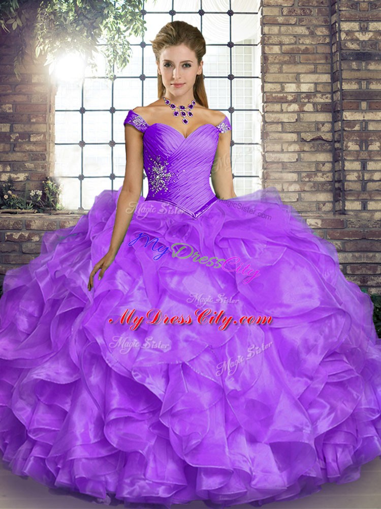 Inexpensive Off The Shoulder Sleeveless Lace Up Quinceanera Dresses Lavender Organza