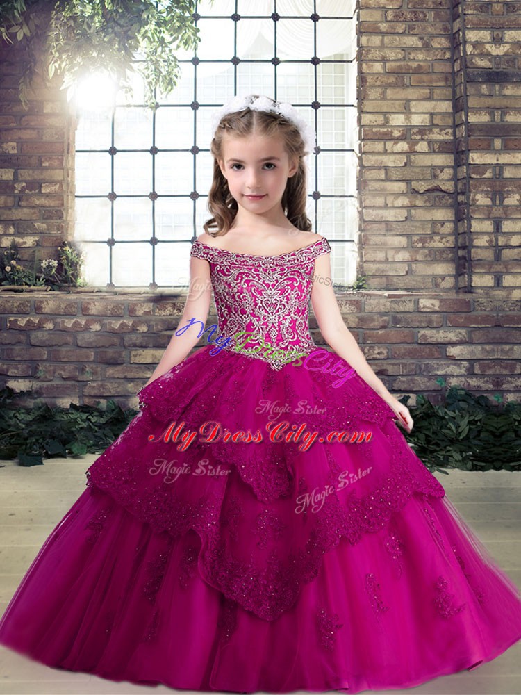 Dazzling Fuchsia Sleeveless Beading and Lace and Appliques Floor Length Glitz Pageant Dress