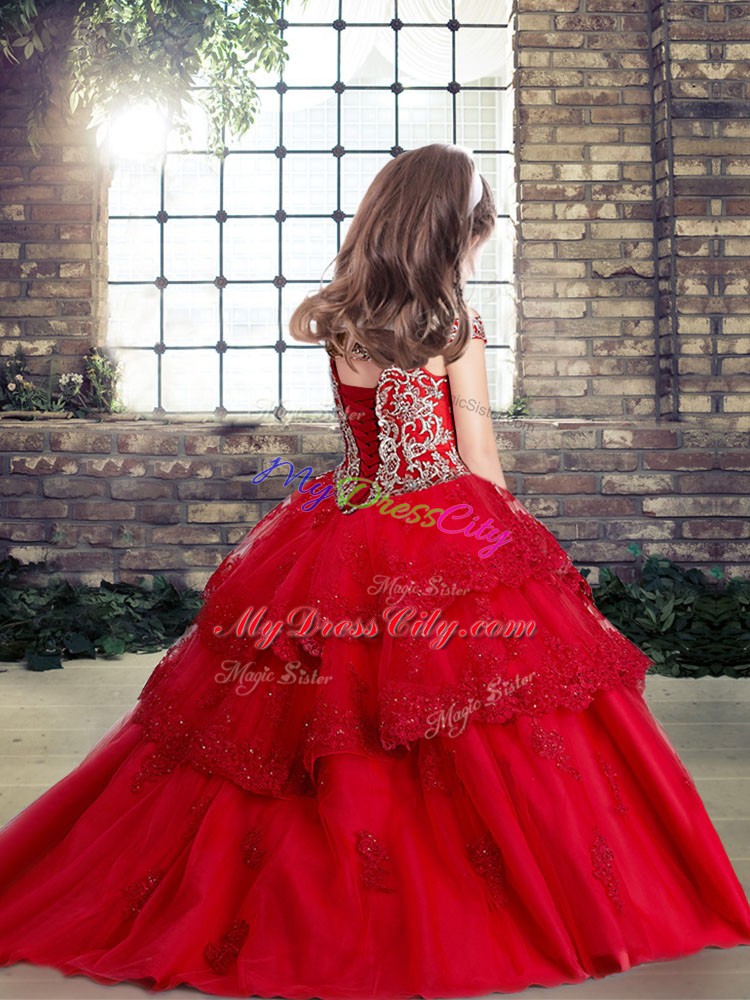 Dazzling Fuchsia Sleeveless Beading and Lace and Appliques Floor Length Glitz Pageant Dress