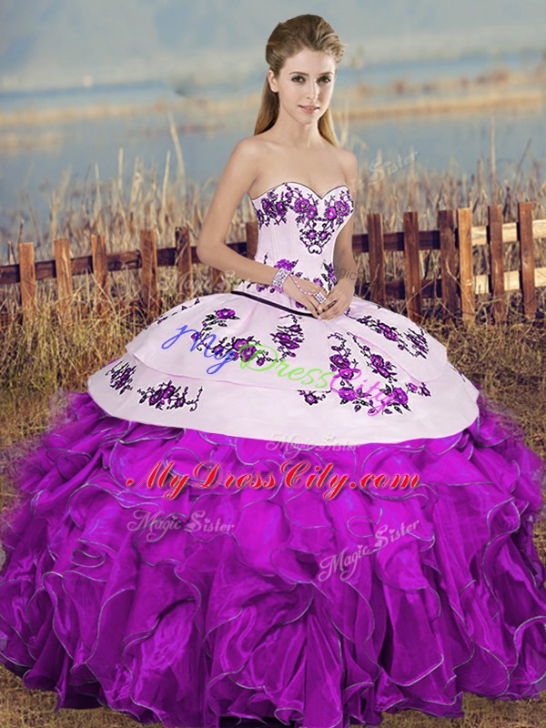 Organza Sleeveless Floor Length 15 Quinceanera Dress and Embroidery and Ruffles and Bowknot