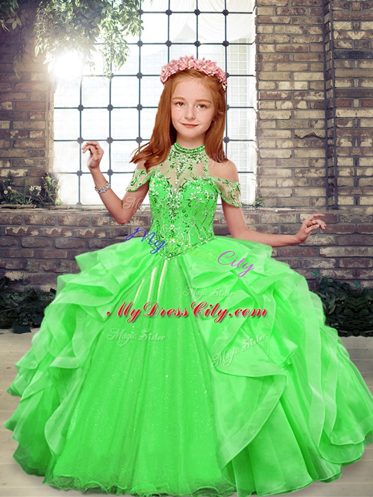 Custom Design Green Organza Lace Up High-neck Sleeveless Floor Length High School Pageant Dress Beading