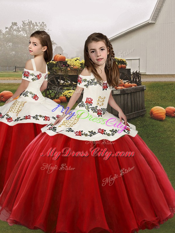 Comfortable Sleeveless Organza Floor Length Lace Up Quinceanera Dresses in White And Red with Embroidery