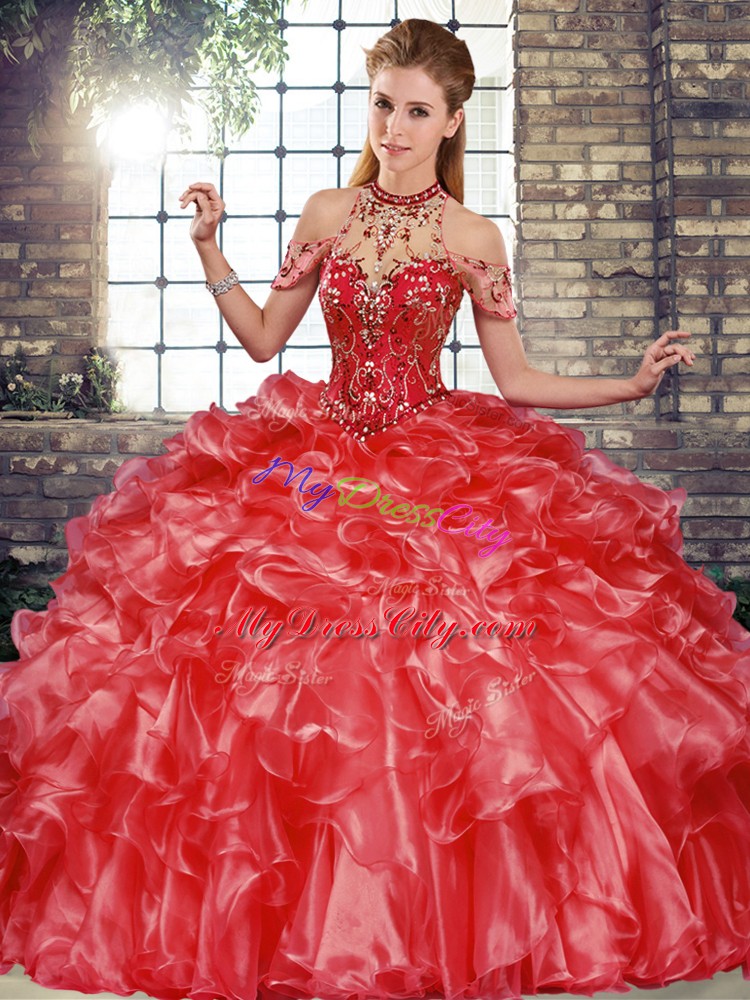 Dazzling Coral Red Ball Gowns Beading and Ruffles Ball Gown Prom Dress Lace Up Organza Sleeveless Floor Length