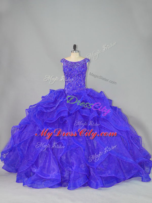 Best Selling Blue Sleeveless Brush Train Beading and Ruffles Quinceanera Gown