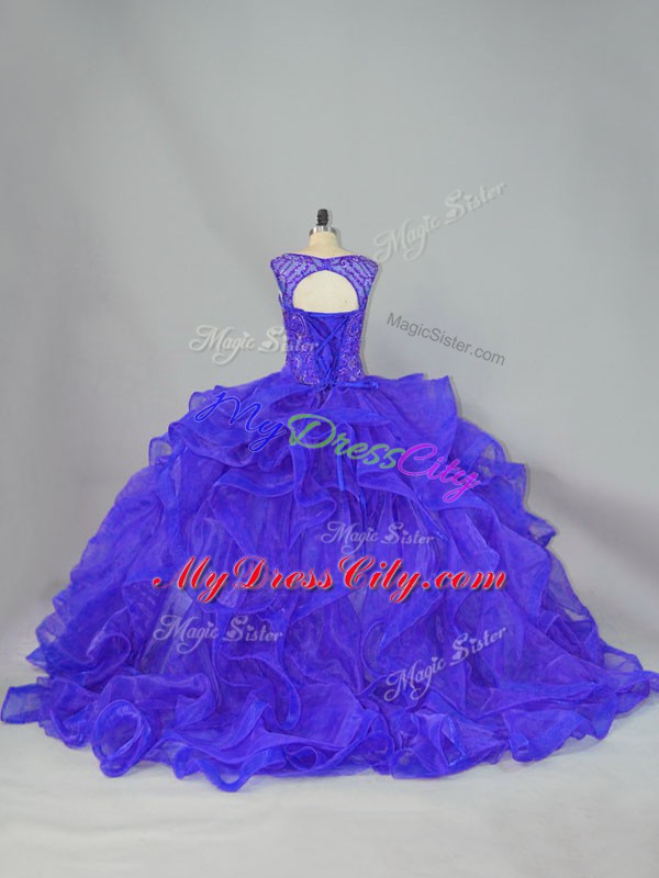 Best Selling Blue Sleeveless Brush Train Beading and Ruffles Quinceanera Gown