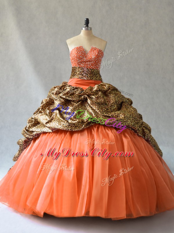 Orange Organza and Printed Lace Up Sweet 16 Quinceanera Dress Sleeveless Brush Train Beading and Pick Ups