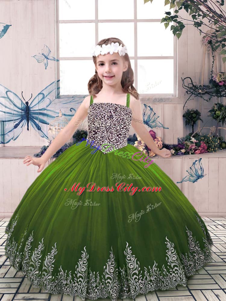 Olive Green Straps Lace Up Beading and Embroidery Little Girls Pageant Dress Wholesale Sleeveless