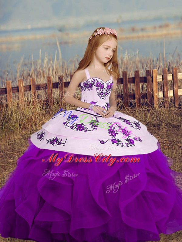 Purple Straps Neckline Embroidery and Ruffles Winning Pageant Gowns Sleeveless Lace Up