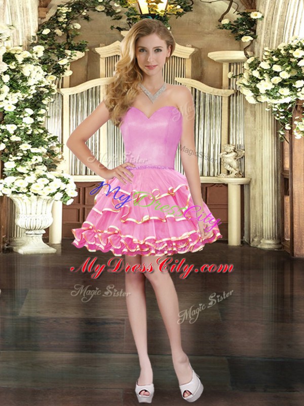 Edgy Ruffled Layers Dress for Prom Rose Pink Lace Up Sleeveless Mini Length