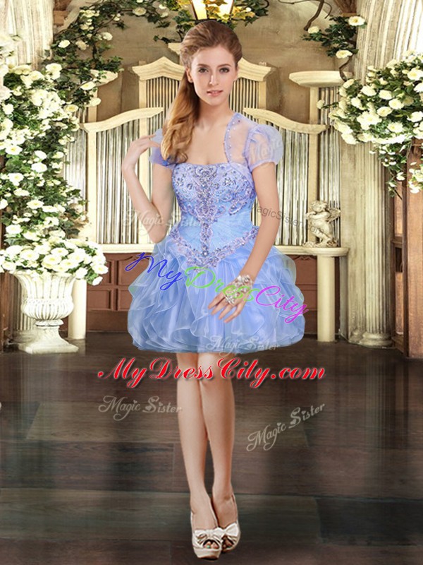 Sleeveless Organza Mini Length Lace Up Dress for Prom in Light Blue with Beading and Lace and Ruffles