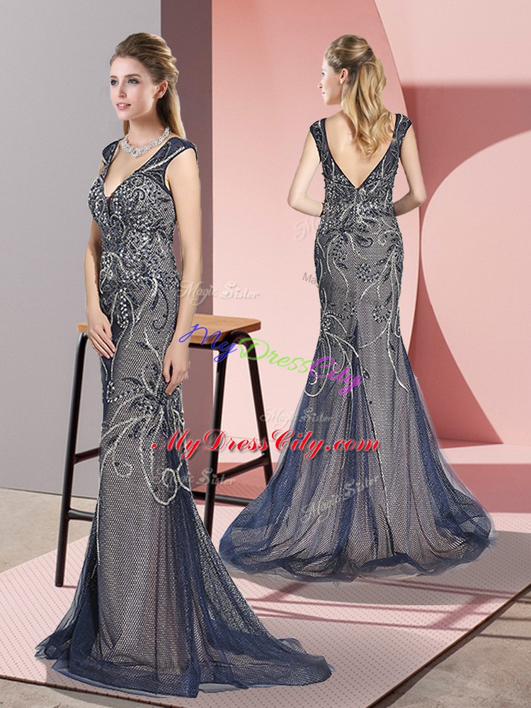 Fantastic Navy Blue Mermaid V-neck Sleeveless Tulle Sweep Train Zipper Beading