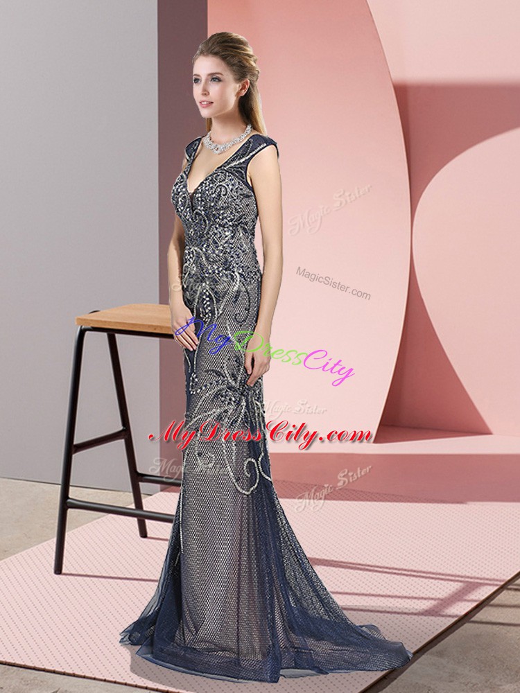 Fantastic Navy Blue Mermaid V-neck Sleeveless Tulle Sweep Train Zipper Beading