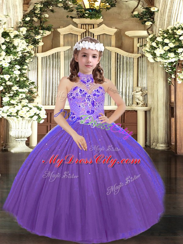 Sleeveless Floor Length Appliques Lace Up Little Girls Pageant Dress with Purple