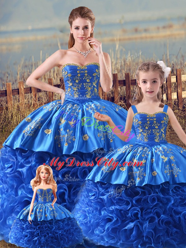 Royal Blue Sweet 16 Dress Sweet 16 and Quinceanera with Embroidery and Ruffles Straps Sleeveless Brush Train Zipper