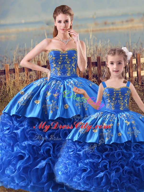 Royal Blue Sweet 16 Dress Sweet 16 and Quinceanera with Embroidery and Ruffles Straps Sleeveless Brush Train Zipper