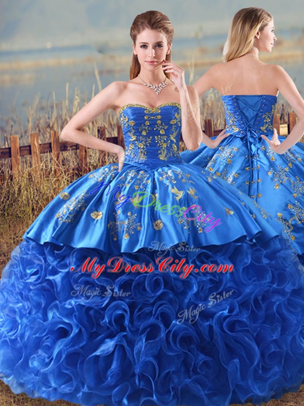 Royal Blue Sweet 16 Dress Sweet 16 and Quinceanera with Embroidery and Ruffles Straps Sleeveless Brush Train Zipper