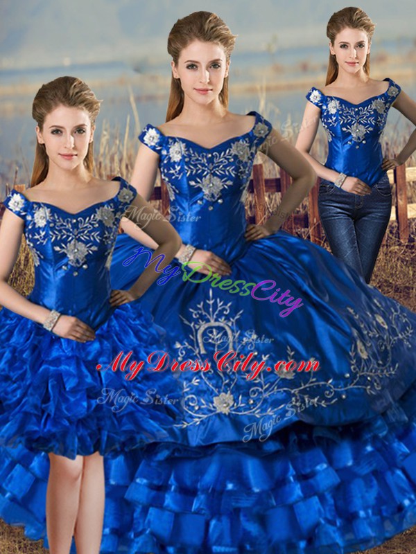 Royal Blue Three Pieces Off The Shoulder Sleeveless Satin and Organza Floor Length Lace Up Embroidery and Ruffled Layers Vestidos de Quinceanera