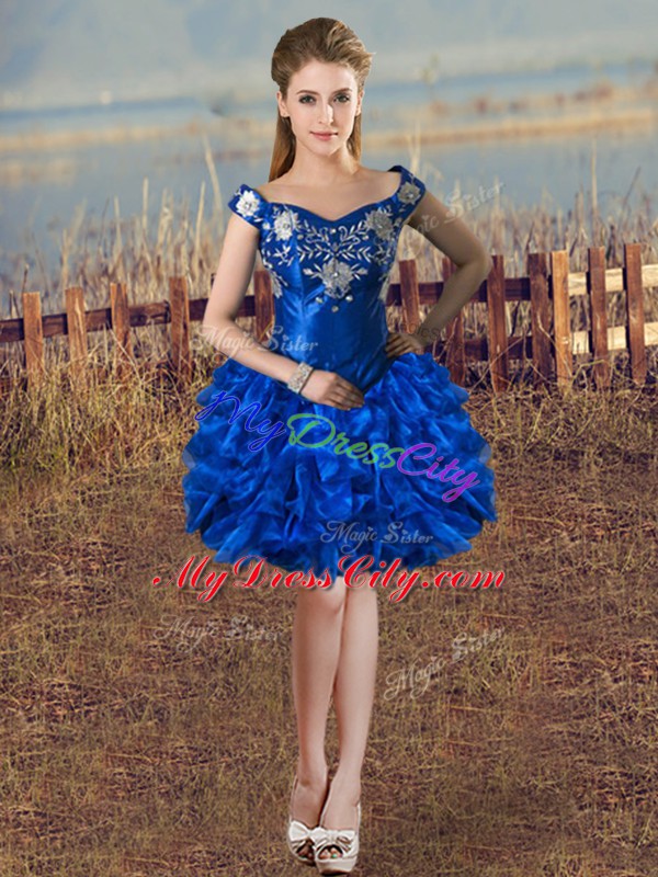 Royal Blue Three Pieces Off The Shoulder Sleeveless Satin and Organza Floor Length Lace Up Embroidery and Ruffled Layers Vestidos de Quinceanera