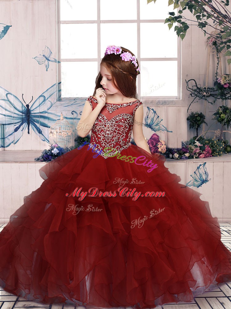 Fantastic Red Scoop Lace Up Beading and Ruffles Custom Made Pageant Dress Sleeveless