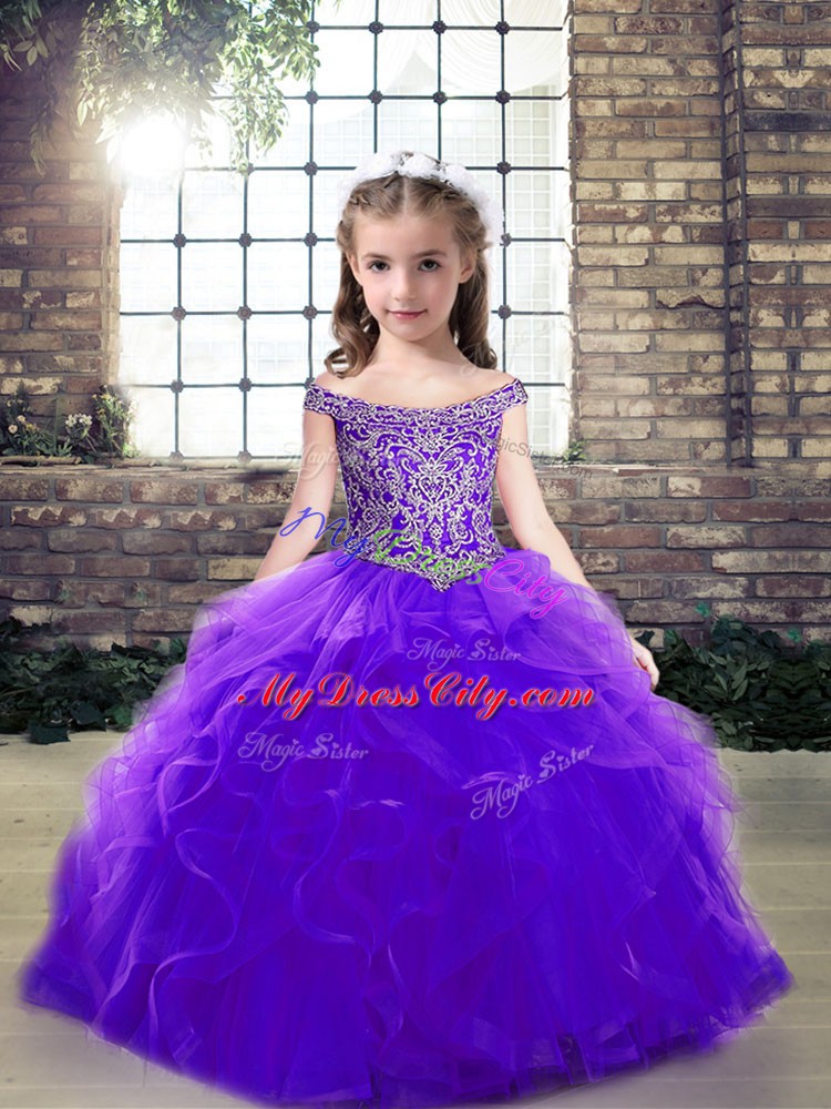 Purple Sleeveless Tulle Lace Up Pageant Dress for Girls for Party and Wedding Party