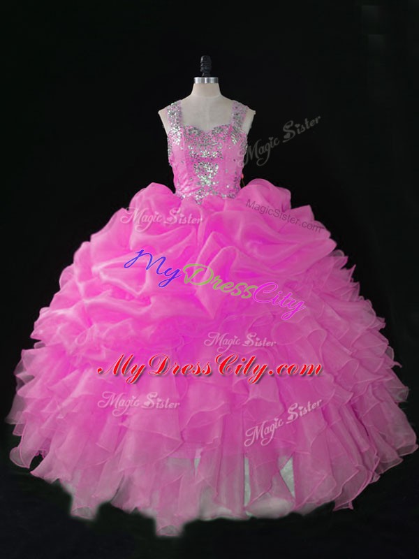 Captivating Rose Pink Organza Zipper Quinceanera Gowns Sleeveless Floor Length Beading and Ruffles and Pick Ups