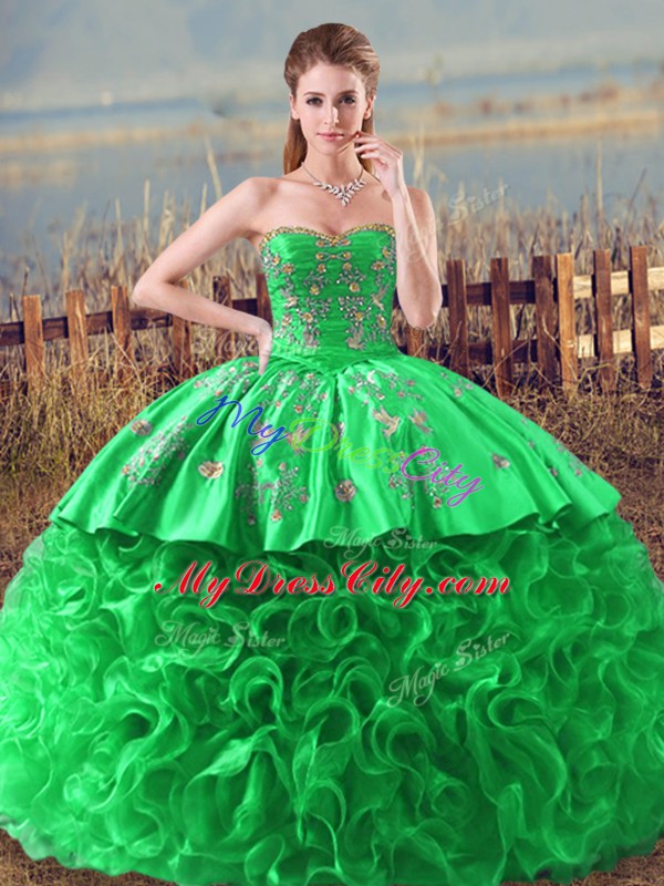 Smart Green Sleeveless Fabric With Rolling Flowers Lace Up Quinceanera Gown for Sweet 16 and Quinceanera