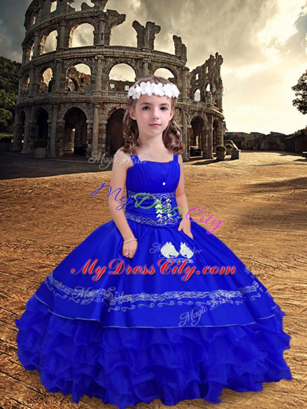 Stunning Royal Blue Zipper Little Girl Pageant Dress Embroidery and Ruffled Layers Sleeveless Floor Length