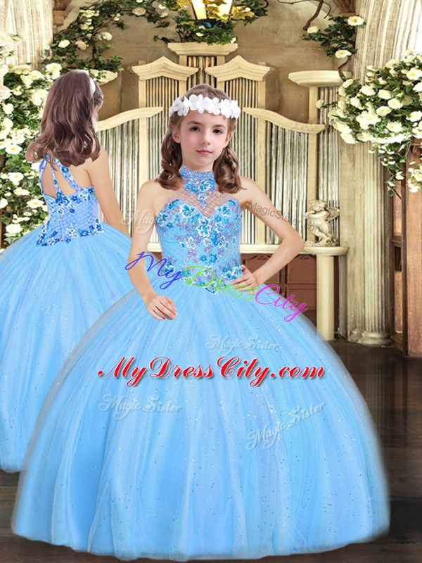 Floor Length Baby Blue Pageant Gowns For Girls Halter Top Sleeveless Lace Up