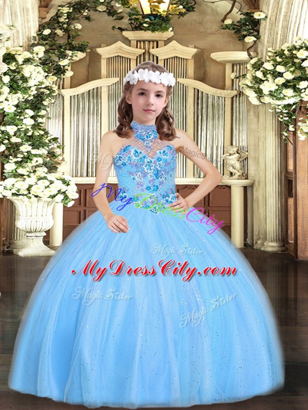 Floor Length Baby Blue Pageant Gowns For Girls Halter Top Sleeveless Lace Up