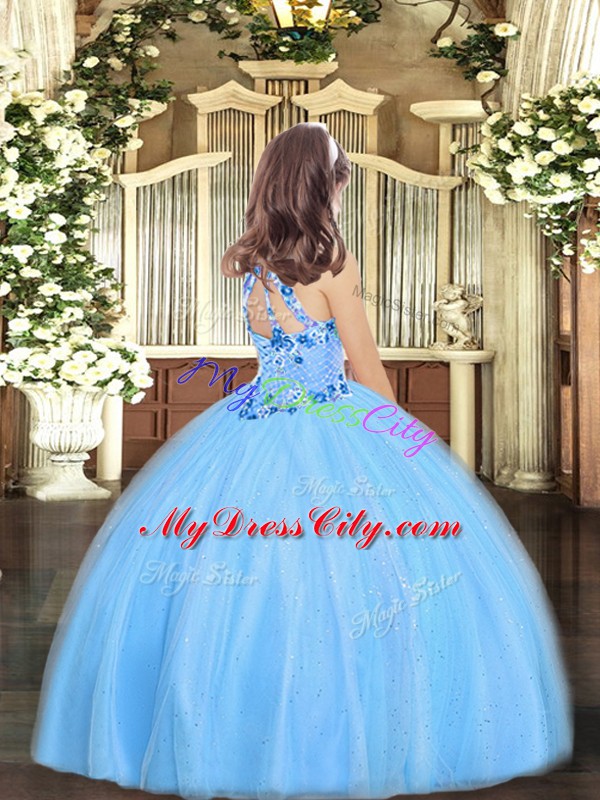 Floor Length Baby Blue Pageant Gowns For Girls Halter Top Sleeveless Lace Up