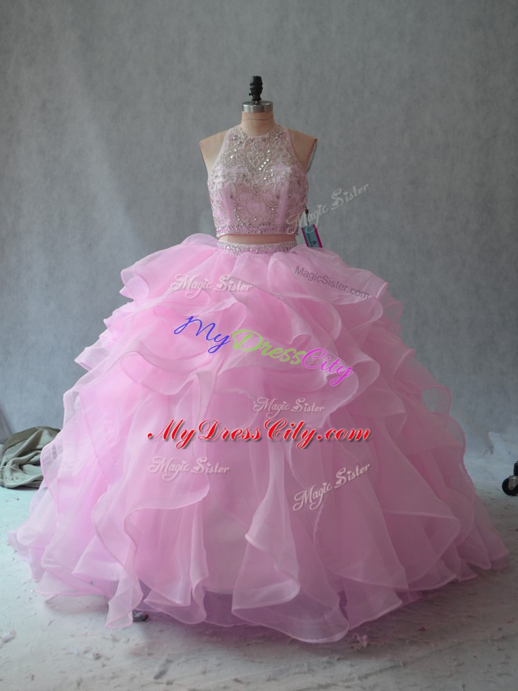 Customized Pink Two Pieces Scoop Sleeveless Organza Floor Length Backless Beading and Ruffles Quinceanera Gowns