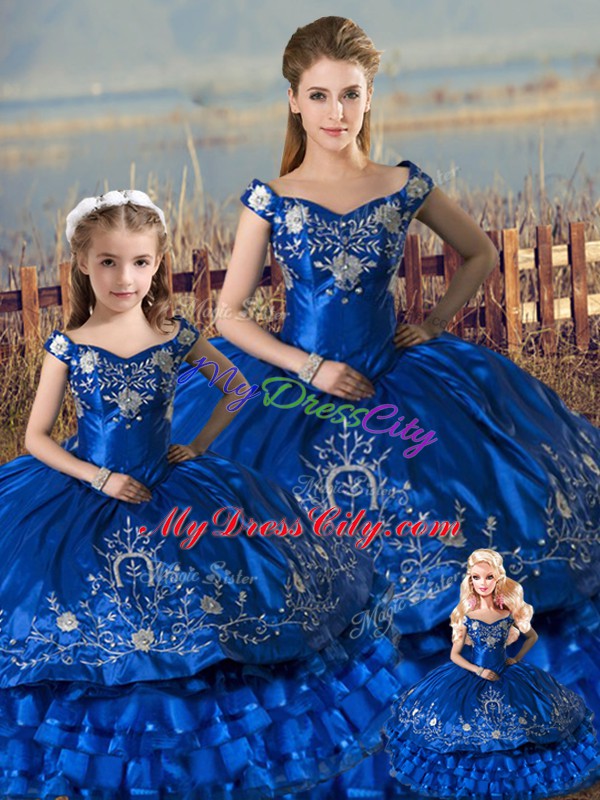 Flare Floor Length Royal Blue Vestidos de Quinceanera Off The Shoulder Sleeveless Lace Up