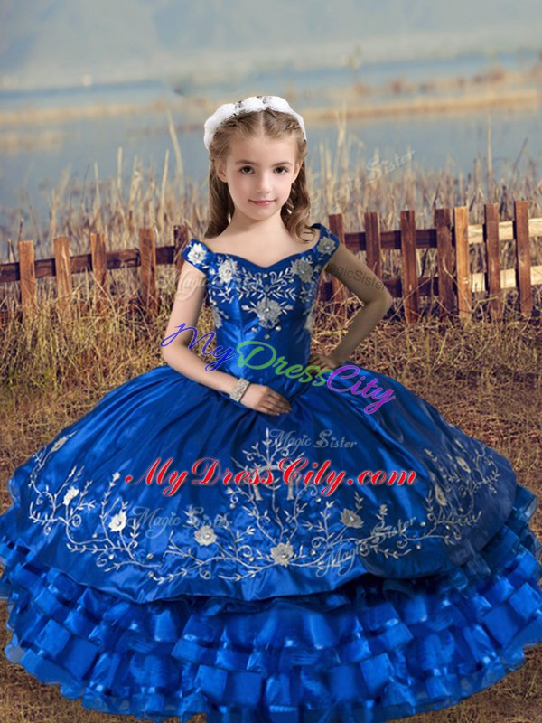 Flare Floor Length Royal Blue Vestidos de Quinceanera Off The Shoulder Sleeveless Lace Up