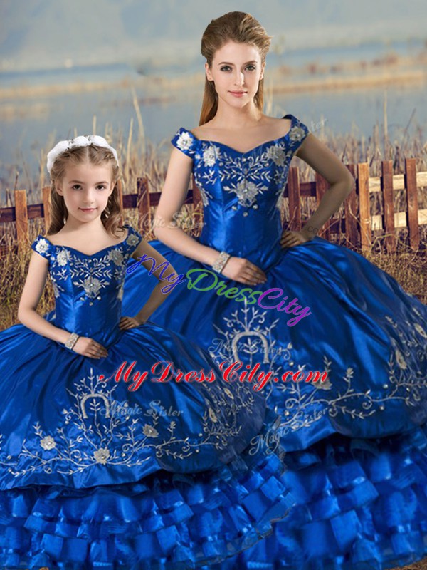 Flare Floor Length Royal Blue Vestidos de Quinceanera Off The Shoulder Sleeveless Lace Up