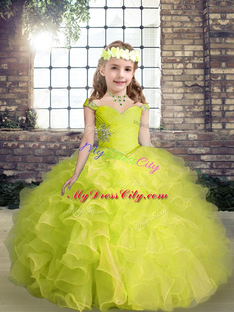 Gorgeous Yellow Green Organza Lace Up Straps Sleeveless Floor Length Pageant Dresses Beading and Ruffles