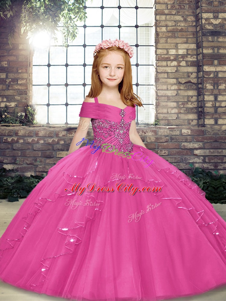 Sleeveless Floor Length Beading Lace Up Little Girls Pageant Dress Wholesale with Hot Pink