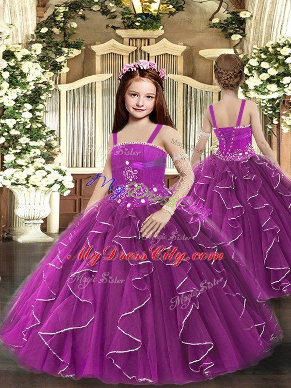 Straps Sleeveless Tulle Little Girl Pageant Dress Ruffles Lace Up