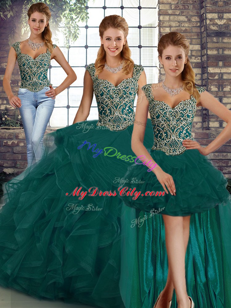 Romantic Sleeveless Tulle Floor Length Lace Up Ball Gown Prom Dress in Peacock Green with Beading and Ruffles