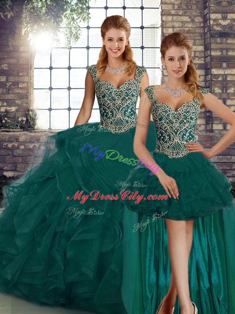 Romantic Sleeveless Tulle Floor Length Lace Up Ball Gown Prom Dress in Peacock Green with Beading and Ruffles