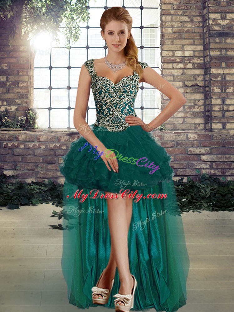 Romantic Sleeveless Tulle Floor Length Lace Up Ball Gown Prom Dress in Peacock Green with Beading and Ruffles