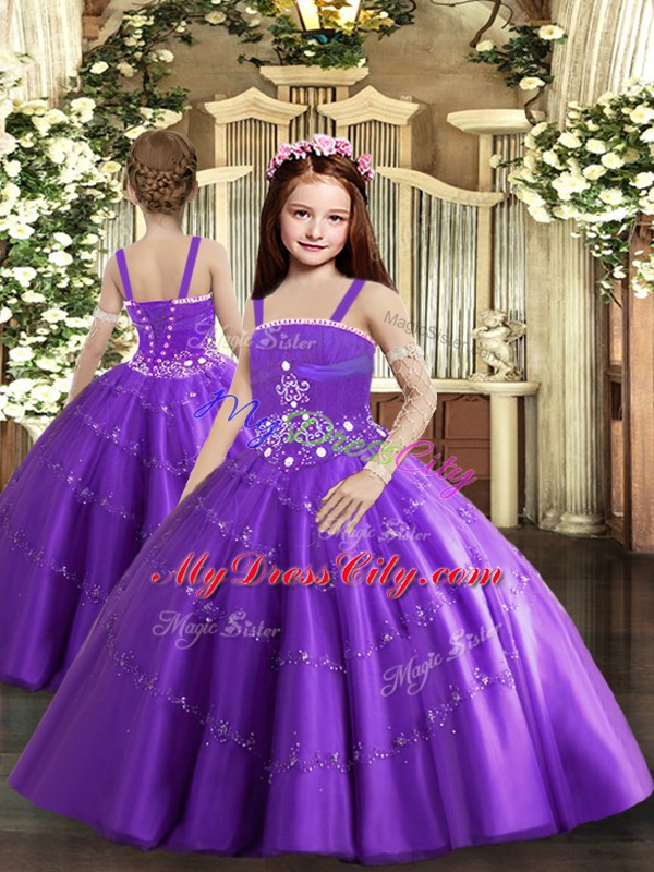 New Arrival Purple Ball Gowns Tulle Straps Sleeveless Beading and Ruffled Layers Floor Length Lace Up Custom Made Pageant Dress