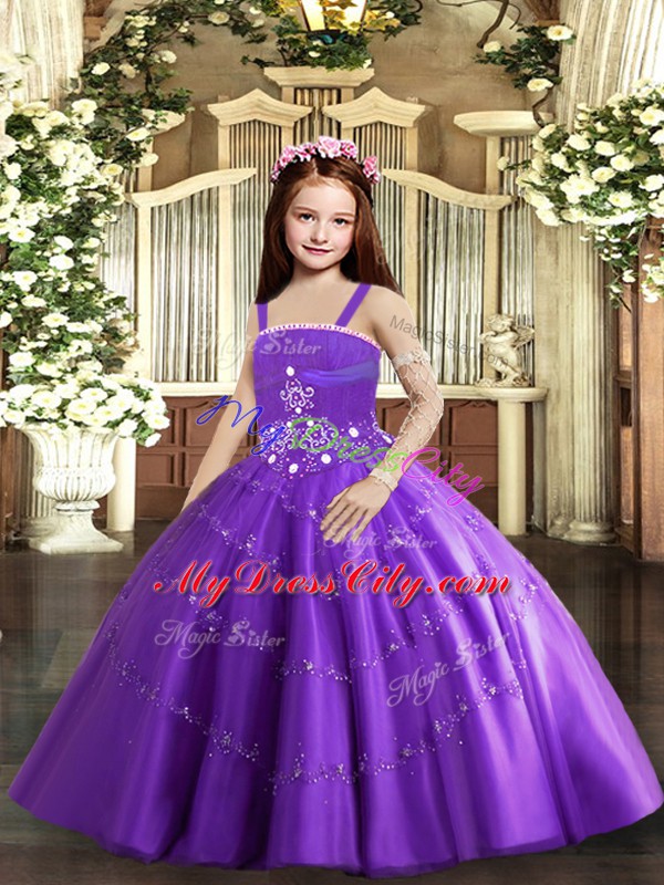 New Arrival Purple Ball Gowns Tulle Straps Sleeveless Beading and Ruffled Layers Floor Length Lace Up Custom Made Pageant Dress