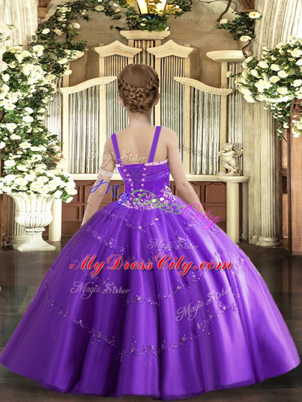 New Arrival Purple Ball Gowns Tulle Straps Sleeveless Beading and Ruffled Layers Floor Length Lace Up Custom Made Pageant Dress