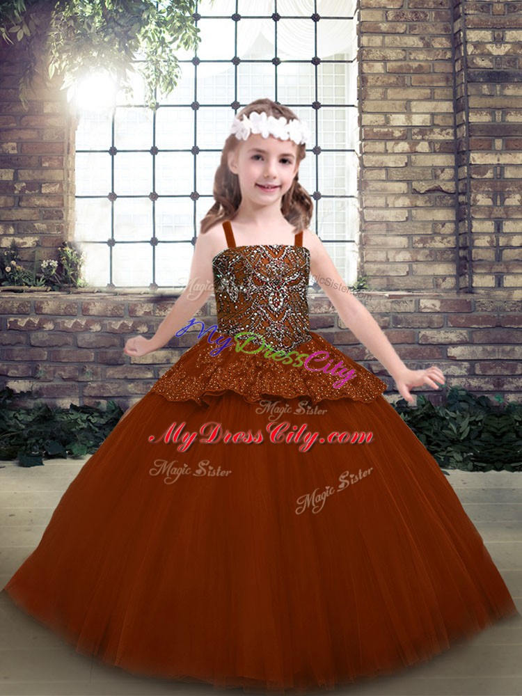 Ball Gowns Little Girls Pageant Gowns Rust Red Straps Tulle Sleeveless Floor Length Lace Up