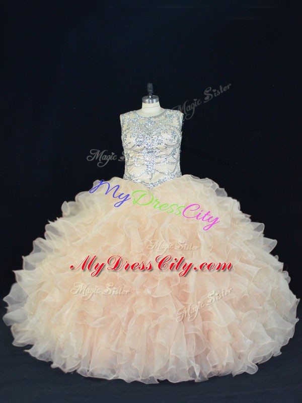 Exceptional Champagne Sleeveless Floor Length Beading and Ruffles Lace Up Quinceanera Gowns