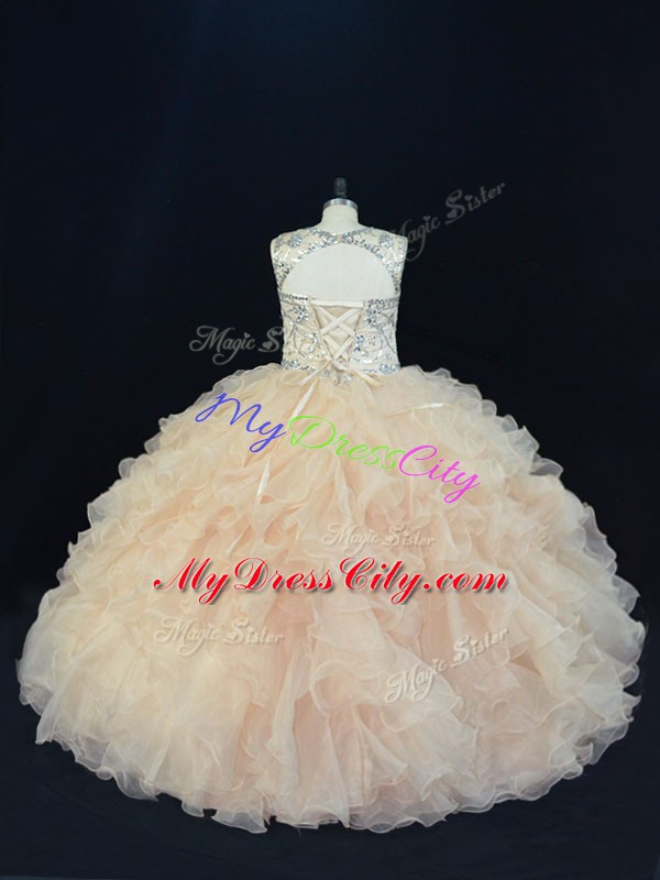 Exceptional Champagne Sleeveless Floor Length Beading and Ruffles Lace Up Quinceanera Gowns