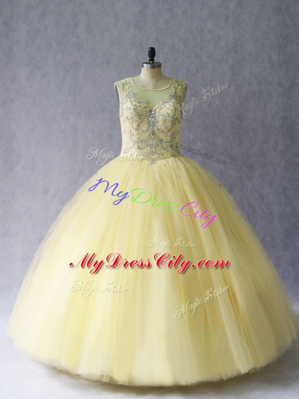 High End Light Yellow Ball Gowns Scoop Sleeveless Tulle Floor Length Lace Up Beading Sweet 16 Quinceanera Dress