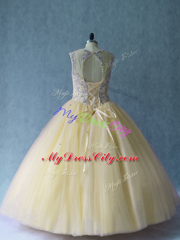 High End Light Yellow Ball Gowns Scoop Sleeveless Tulle Floor Length Lace Up Beading Sweet 16 Quinceanera Dress