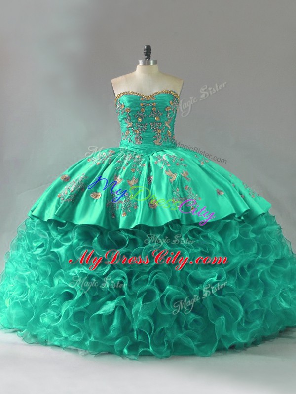 New Arrival Green Fabric With Rolling Flowers Lace Up Sweetheart Sleeveless Vestidos de Quinceanera Court Train Embroidery and Ruffles