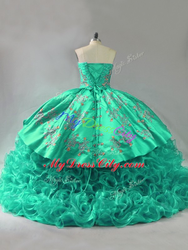 New Arrival Green Fabric With Rolling Flowers Lace Up Sweetheart Sleeveless Vestidos de Quinceanera Court Train Embroidery and Ruffles